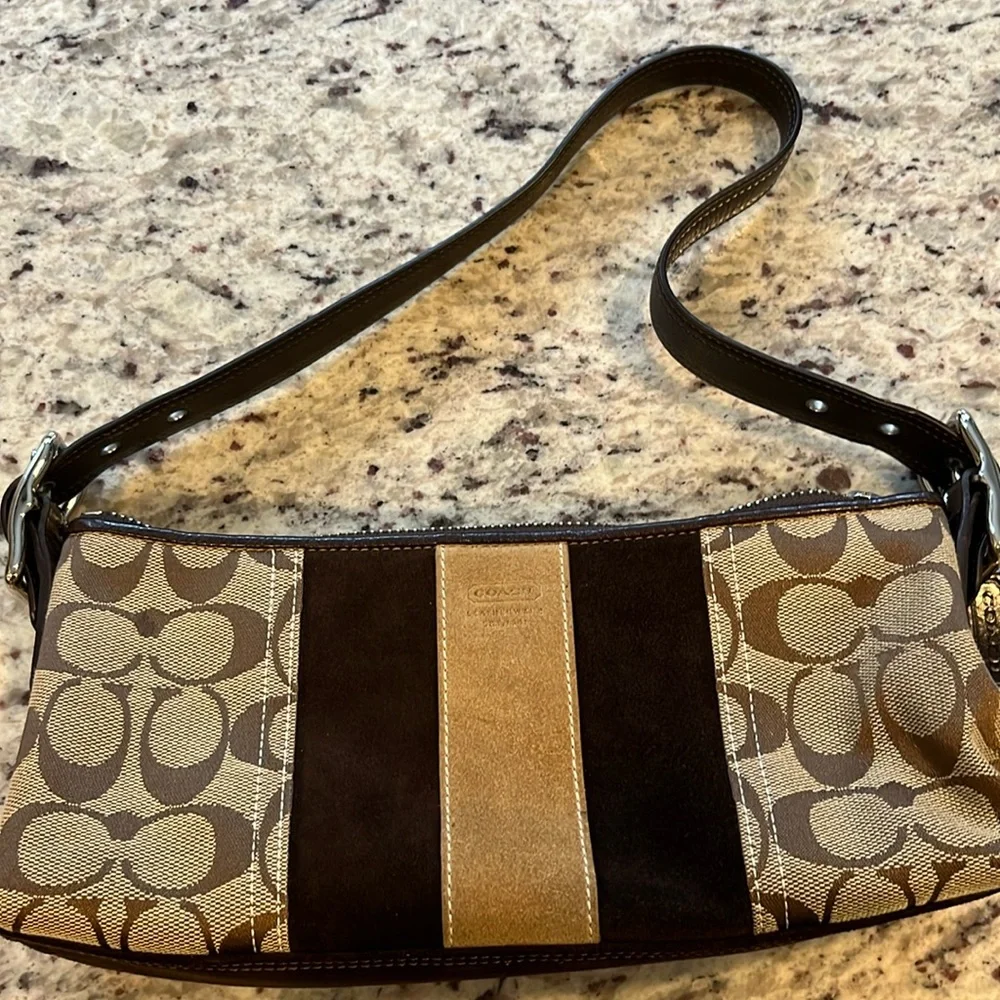 Coach purse, brown and beige, short handle, practically new. - Picture 1 of 10